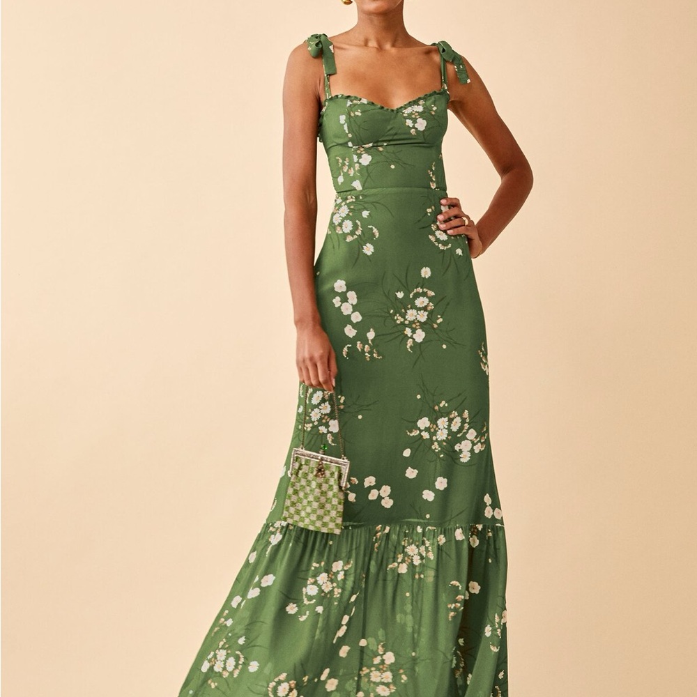 Reformation Green Maxi Dress with Sweetheart Neckline and Tiered Skirt